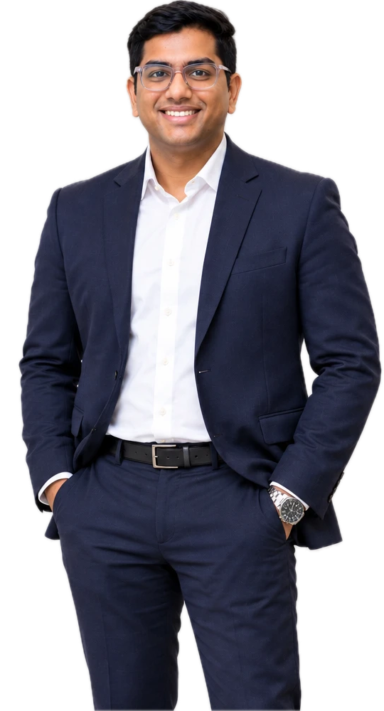 Atishay Goyal in a navy suit